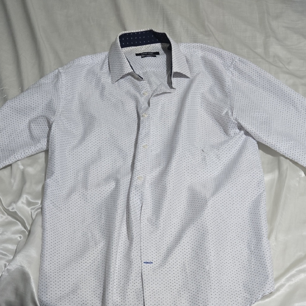 Nine West Men's White and Blue Polka Dot Shirt
